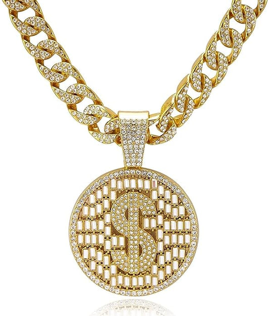 925 Silver Mens Cuban Link Chain Necklace With Bling Dollar Miami Pendant Iced Out Hip Hop Jewellery