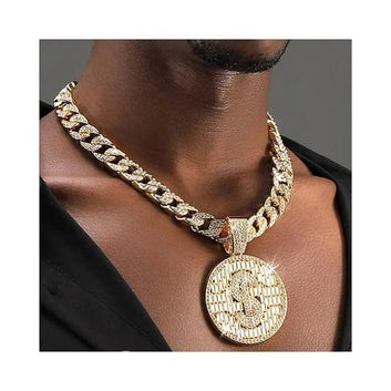 925 Silver Mens Cuban Link Chain Necklace With Bling Dollar Miami Pendant Iced Out Hip Hop Jewellery