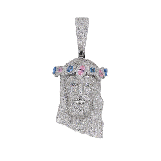 925 Silver Iced Jesus With Colored Stones VVS Moissanite Diamonds Pendant