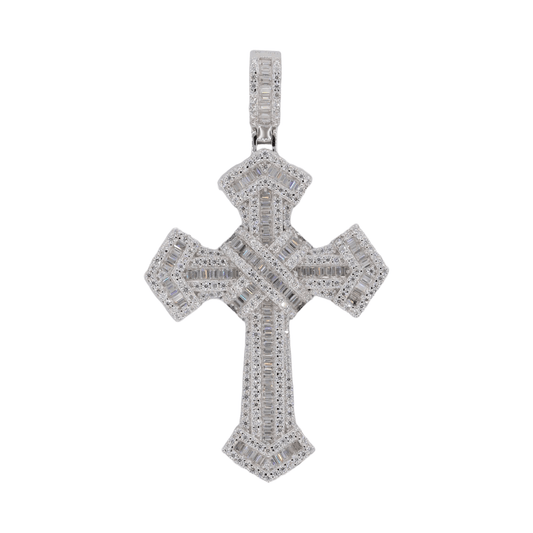 925 Silver Middle Age Iced Out Baguette Cross VVS Moissanite Diamond Pendant